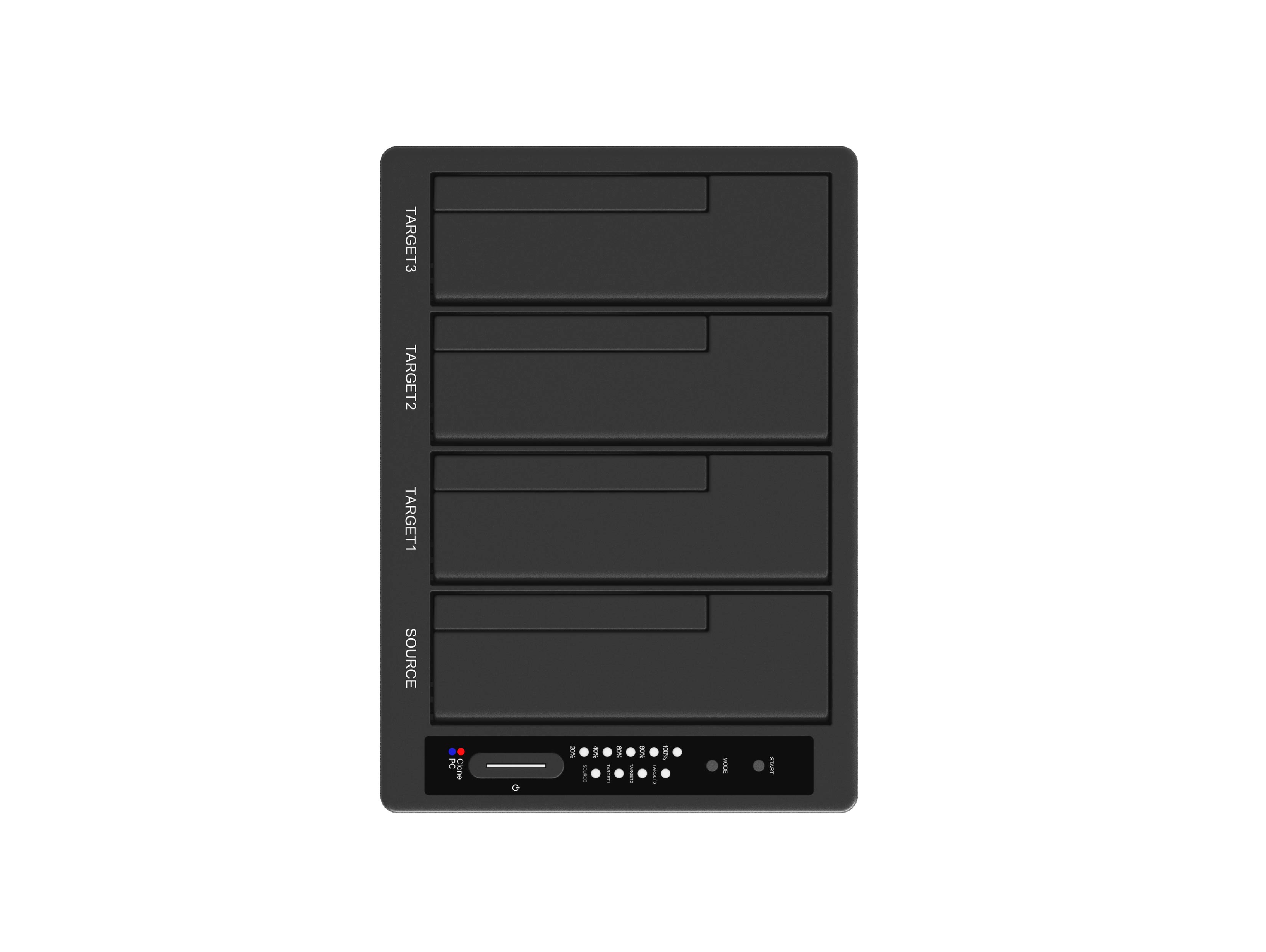 4 Bay SATA SSD/HDD Duplicator (SI-7945USJ3-D), applicable 4 3.5" or 2.5" SATA HDD/SSD, support PC mode & clone mode switchable, USB-C 5Gbps to host.